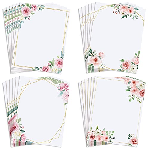 48 Sheets Paper Stationery Decorative Design Printer Paper Leaf Theme Greenery Border Design Writing Stationary Printing Paper 8.5 x 11 Inches for Office School Wedding Home Supplies (Flower)