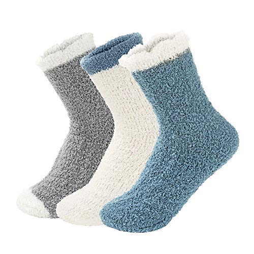 Century Star Women Warm Super Soft Slipper Socks Fuzzy Fluffy Cozy 3-8 Pairs Home Socks (01)3 Pairs Solid-Color 04