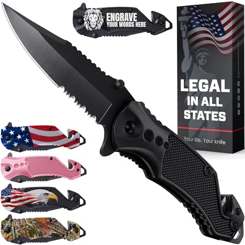 2.95” Serrated Blade Pocket Knife - Black Folding Knife with Glass Breaker and Seatbelt Cutter - Small EDC Knife with Pocket Clip for Men Women - Sharp Tactical Camping Survival Hiking Knives 6680