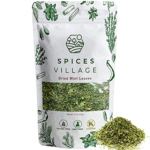 Spices Village Mint Leaves, 2 Oz - Fresh Dried Spearmint Herbs, Crushed Mint Spice Great for Loose Leaf Tea, Dry Mint Powder, Cut and Sifted - Kosher, Gluten Free, Non GMO, Resealable Bulk Bag