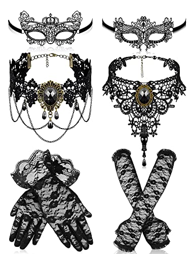 6 Pcs Masquerade Mask Set Include 2 Lace Masquerade Mask Eyemask 2 Lace Choker Necklace, 2 Lace Gloves for Halloween Costume (Graceful Style)