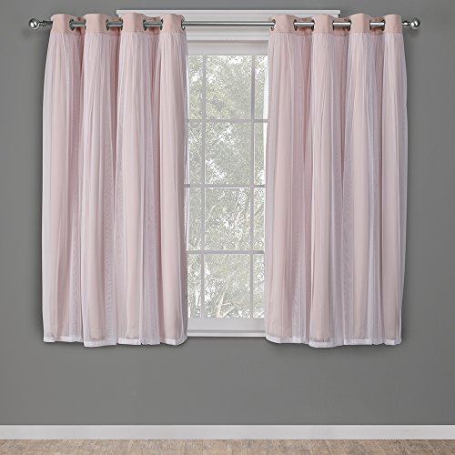Exclusive Home Catarina Layered Solid Room Darkening Blackout and Sheer Grommet Top Curtain Panel Pair, 52'x63', Rose Blush