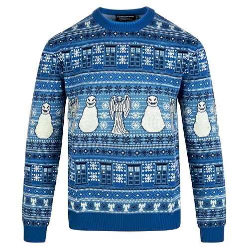 Doctor Who Xmas Jumper Medium - Tardis Angel Snowman Sweater - Dr. Who Collectables for Men by Lovarzi Blue