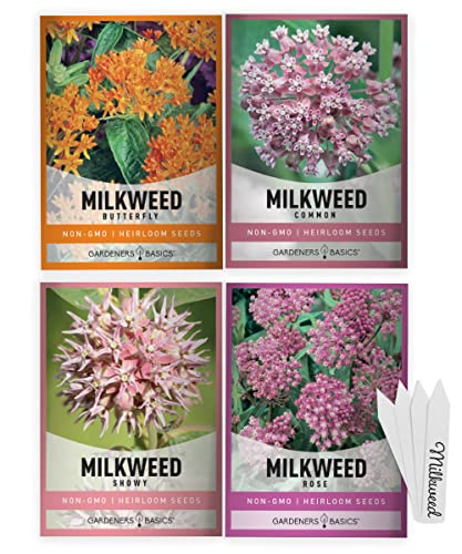 Gardeners Basics, Milkweed Seeds for Monarch Butterflies (4 Variety Pack) Common, Showy, Butterfly and Rose Varieties Attracts Butterflies, Bees and Pollinators Heirloom Flower Seeds Wildflower Seed