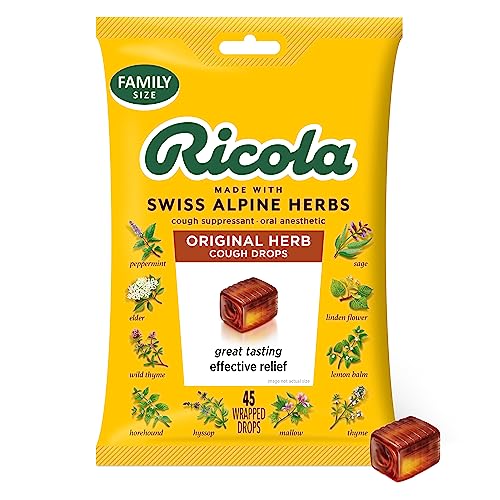 Ricola Original Herb Cough Drops, 45 Count, Cough Suppressant & Throat Relieving Drops with Naturally Sourced Menthol, Pleasing Herbal Taste for Coughs & Throat Irritation Symptom Relief