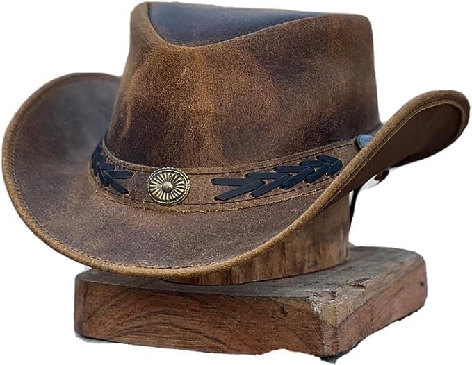 Shapeable Unisex Australian Outback hat Western Style Leather Cowboy hat for Men and Women Wide Brim Vintage Old Style (US, Alpha, Medium, Brown)