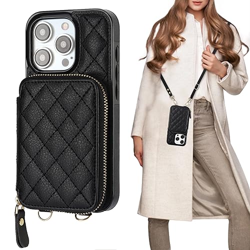 Bocasal Crossbody Wallet Case for iPhone 15 Pro, RFID Blocking PU Leather Zipper Handbag Purse Flip Cover, Kickstand Folio Case with Card Slots Holder Wrist Strap Lanyard 5G 6.1 Inch (Black)
