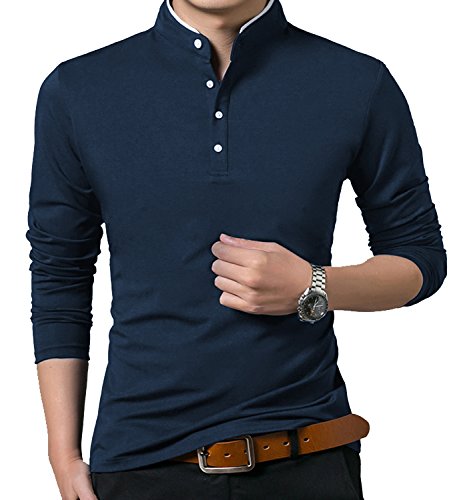 KUYIGO Men’s Casual Slim Fit Shirts Long Sleeve Polo Shirts Cotton Shirts Large Navy