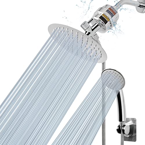 NearMoon Filtered Shower Head, High Pressure 8″Round Rain Shower Head and 5 settings Handheld Shower Filter Combo with Self-adhesive Holder/1.5M Hose -1 Replaceable Filter Cartridge (Chrome Finish)