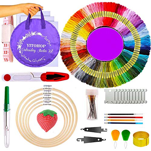 Cross Stitch Kits, Embroidery kit Including 5 PCS Embroidery Bamboo Hoops,100 Color Embroidery Floss Threads, 3 PCS Aida Cloth and 100pcs More Cross Stitch Tools Friendship Bracelet String Kit