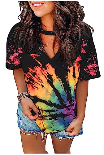 Sexy V Neck T Shirts for Women Tie Dye Hollow Out Blouse Tops Summer Loose Casual Shirt Country Music Graphic Tee Shirts (M, Rainbow)