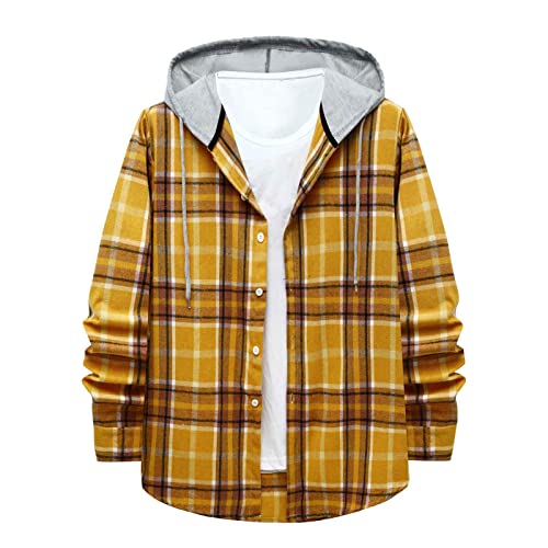 Plaid Flannel Shirt Men Long Sleeve Hooded Flannel Shirt Jacket Sweatshirt For Men(1-Yellow,Medium)