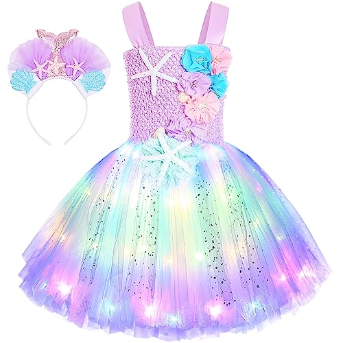 SKCAIHT Mermaid Costume Dress for Girls Mermaid Light Up Dress for Girls Mermaid Birthday Party Gifts Decorations Halloween Costumes (5-6 Years)