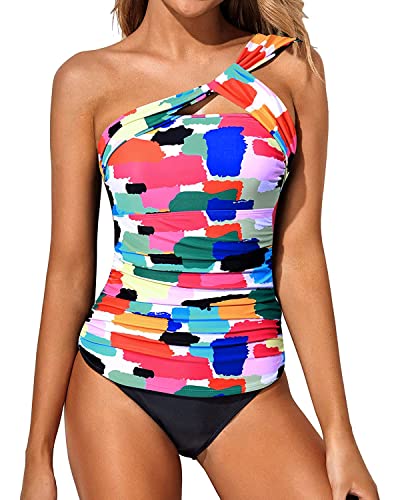 Tempt Me Color Block Two Piece Tankini Bathing Suits for Women One Shoulder Swim Top with Shorts Swimsuits M