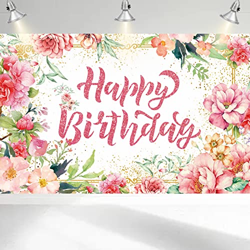 Happy Birthday Backdrop Banner for Girls Women, Large Pink Watercolor Floral Birthday Banner, Fabric Flowers Happy Birthday Photo Background for Spring Birthday Baby Shower Party Decorations Supplies