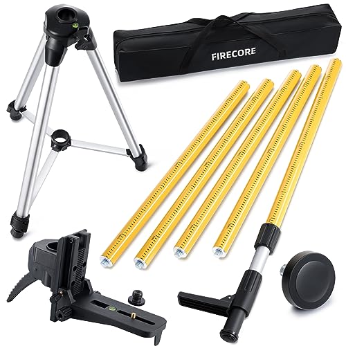 Firecore 12 Ft./3.7M Professional Laser Level Pole with Tripod and 1/4-Inch by 20-Inch Laser Mount for Rotary and Line Lasers, Adjustable Telescoping Laser Pole with 5/8'-11 Threaded Adapter-FLP370C