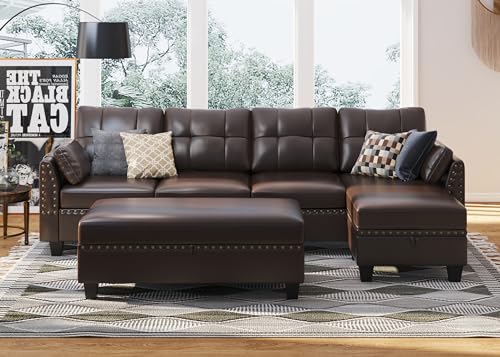 HONBAY Faux Leather Convertible Sectional Sofa Couch Set L Shaped Sofa with Storage Ottoman Reversible Sofa Sectional Couch for Living Room,Brown Leather