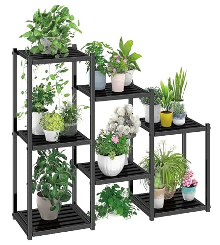 Simple Trending Plant Stand Indoor Outdoor, Heavy Duty Metal Waterproof 7 Tiered Plant Shelf for Multiple Flower Planter Holder Tall Large Rack, Black