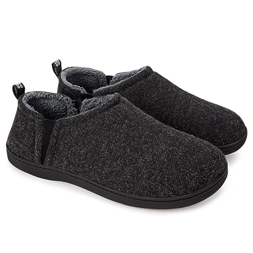 Snug Leaves Men's Fuzzy Wool Felt Memory Foam Slippers Warm Winter Faux Sherpa Indoor Outdoor House Shoes with Dual Side Elastic Gores (Size 9-10 M, Dark Gray)