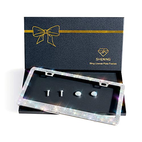 Elegant Gift Box with Handcrafted Crystal Premium Stainless Steel Bling License Plate Frame for Women (White Colorful, 1 Pack)