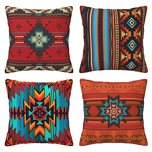 Western Native American Throw Pillow Covers Set of 4, Southwestern Boho Aztec Rustic Decorative Pillow Cases Cushion Cover for Home Couch Sofa Bedroom Office Car 18x18 Inches