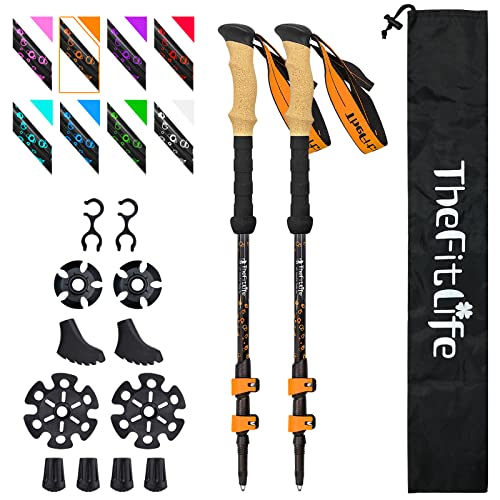 TheFitLife Carbon Fiber Trekking Poles – Collapsible and Telescopic Walking Sticks with Natural Cork Handle and Extended EVA Grips, Ultralight Nordic Hiking Poles for Backpacking Camping (Orange)