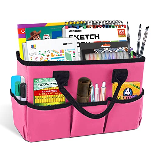 Godery Desktop Tote and Stock Organize, Teacher Helper Tote Bag Organization for Arts, Books, Stationery, etc, and Office Desk Organize, Make-up Storage Tote with Handles for Travel (PINK)
