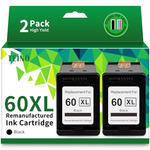 TEINO 60XL 60 Black Ink Cartridge Remanufactured Ink Cartridge Replacement for HP Ink 60 60XL for HP PhotoSmart C4680 C4780 C4795 C4640 D110 DeskJet F4480 F4440 F2430 F4280 Envy 100 110 120 (2 Black)