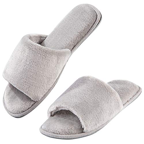 DL Open-Toe-Womens-Slippers-Indoor, Memory Foam House Slippers for Women Slip On, Comfy Flannel Womens Bedroom Slippers Slide Non-Slip Gray, US 9-10/UK 7-8/ EU 40-41