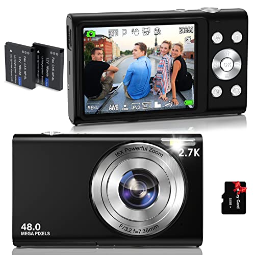 Jckduhan 2.7K HD 48MP Digital Camera - Auto Focus, 16X Zoom, 32GB Memory Card, 2 Batteries, YouTube Vlogging Camera for Kids, Teens, Adults