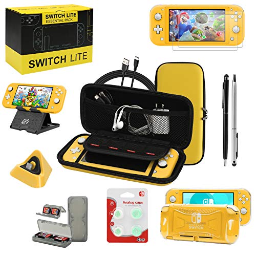 Switch Lite Accessories Bundle, Kit with Carrying Case,TPU Case Cover with Screen Protector,Charging Dock,Playstand, Game Card Case, Cable, Stylus,Thumb Grip Caps for Nintendo Switch Lite (Yellow)