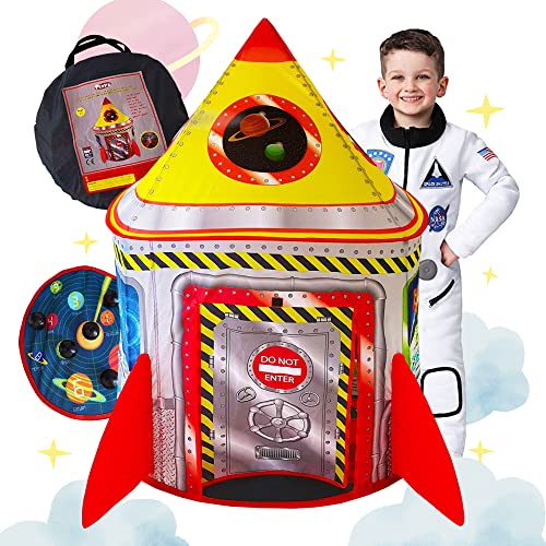 Playz 5-in-1 Rocket Ship Play Tent for Kids with Dart Board, Tic Tac Toe, Maze Game, & Immersive Floor - Indoor & Outdoor Popup Playhouse Set for Toddler, Baby, & Children Birthday Gifts