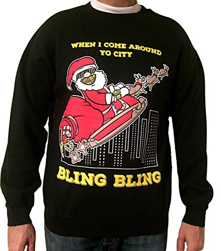 Ugly Christmas Sweater - Bling Bling Santa - Black Funny Christmas Sweatshirt (Black, 5XL)