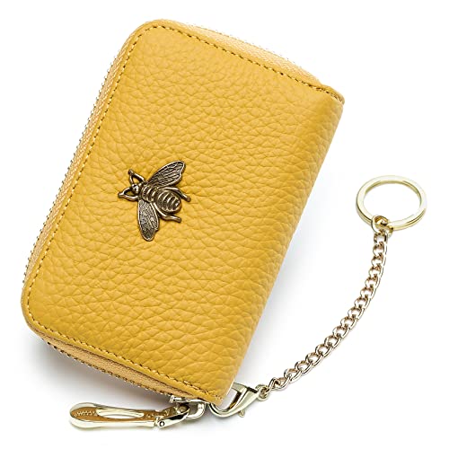 imeetu RFID Credit Card Holder, Small Leather Zipper Card Case Wallet with Keychain and ID Window for Women (A-Yellow)