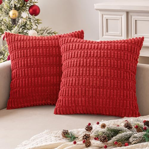 MIULEE Pack of 2 Christmas Red Corduroy Decorative Throw Pillow Covers 18x18 Inch Soft Boho Striped Pillow Covers Modern Farmhouse Home Decor for Sofa Living Room Couch Bed