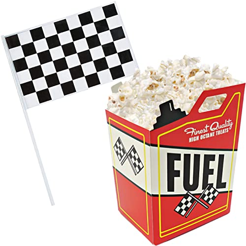 4E's Novelty 24 Race Car Popcorn Treat Boxes with 24 Checkered Flags, Black and White Racing Flag 6' x 4' (Serves 24) For Race Car Birthday Party Supplies, Monster Truck, Racing Theme Decorations