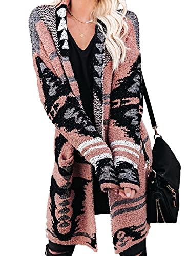 Astylish Womens Open Front Cardigan Long Sleeve Oversized Knit Sweater with Pockets Pink Large