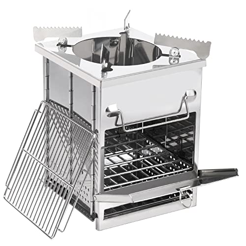 REDCAMP Wood Burning Camping Stove Folding with Pot Stand, Large Portable Stainless Steel 304# Grill Backpacking Stove for Car Camp Cooking Outdoor