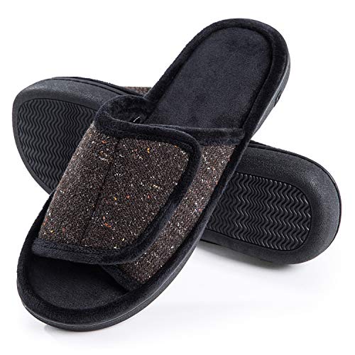 DL Adjustable-Mens-Slippers-Memory-Foam, Open Toe House Slippers for Men Indoor Outdoor, Breathable Slide Bedroom Slippers for Men Anti-Slip Rubber Sole Brown/Black, (9-10)