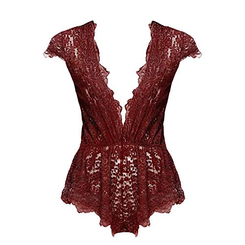 Ruzishun Womens Sexy Lingerie for Women Lace Teddy Lingerie Deep V Open Plus Size Nightgown (Wine Red,XL)
