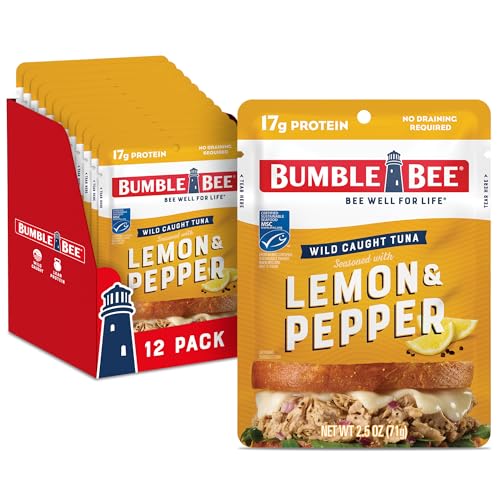 Bumble Bee Lemon & Pepper Seasoned Tuna, 2.5 oz Pouches (Pack of 12) - Ready to Eat - Wild Caught Tuna Pouch - 17g Protein per Serving - Gluten Free