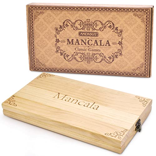 AMEROUS Wooden Mancala Board Game Set - Upgraded Larger Size - 72+8 Bonus Multi Color Glass Stones - Folding Board - Gift Package -Instructions, Portable Board Game for Adults, Kids