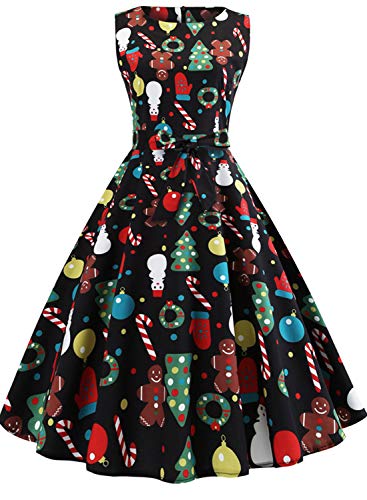 Christmas Dresses for Women Vintage Sleeveless Cocktail Dress Christmas Tree Santa Snow Printed Xmas Party Swing Dress