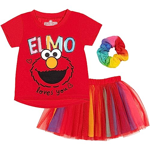 Sesame Street Elmo Toddler Girls Graphic T-Shirt Mesh Skirt and Scrunchie 3 Piece Outfit Set Red/Rainbow 3T
