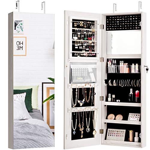 Giantex Jewelry Armoire Wall Door Mounted, Lockable Jewelry Cabinet with Full Length Mirror 47.2'', Large Storage Jewelry Organizer Box with Vanity Mirror (Grayish White)