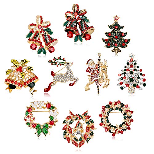 Fesciory 9/10 Pieces Christmas Brooch Pins Set for Women, Multi-Colored Rhinestone Crystal Christmas Jewelry Gifts for Girls Including Christmas Tree, Santa Claus, Jingle Bells, Reindeer