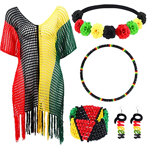 Hicarer 5 Pcs Jamaican Cover Ups Women African Beach Accessories Set Rainbow Crochet Dress Jamaican Outfits for Summer Boho Jewelry (Elegant Style)