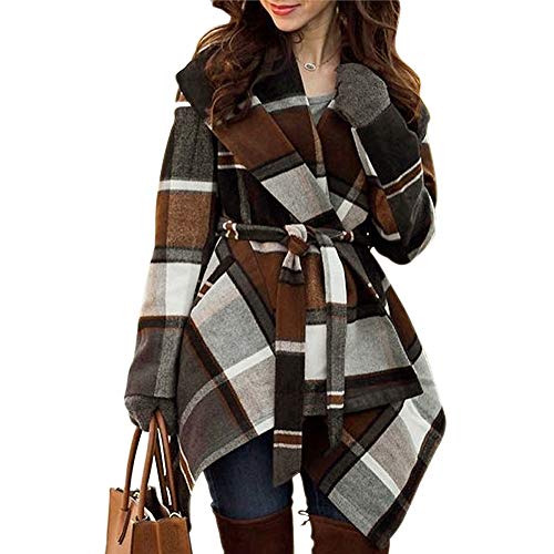 CHICWISH Women's Turn Down Shawl Collar Open Front Earth Tone Check Asymmetric Hemline Wool Blend Coat, Brown, Small