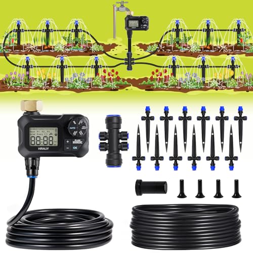 HIRALIY 49FT Automatic Drip Irrigation Kits with Garden Timer, Garden Watering System for Patio Lawn, Quick Connector Design Garden Irrigation System Kit with Easy Programmable Water Timer
