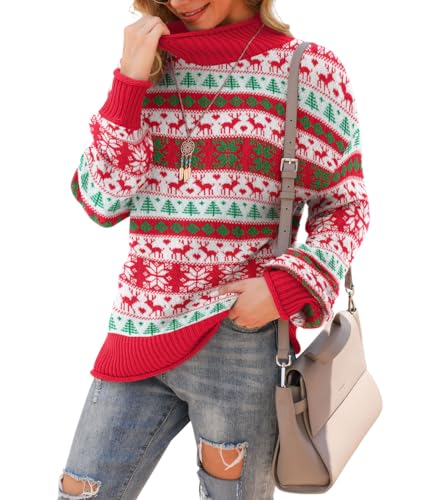 Jouica Women's Christmas Ugly Sweater Turtleneck Long Sleeve Oversized Fuzzy Knit Chunky Warm Pullover Sweater Top,Red Green Christmas Trees,Small